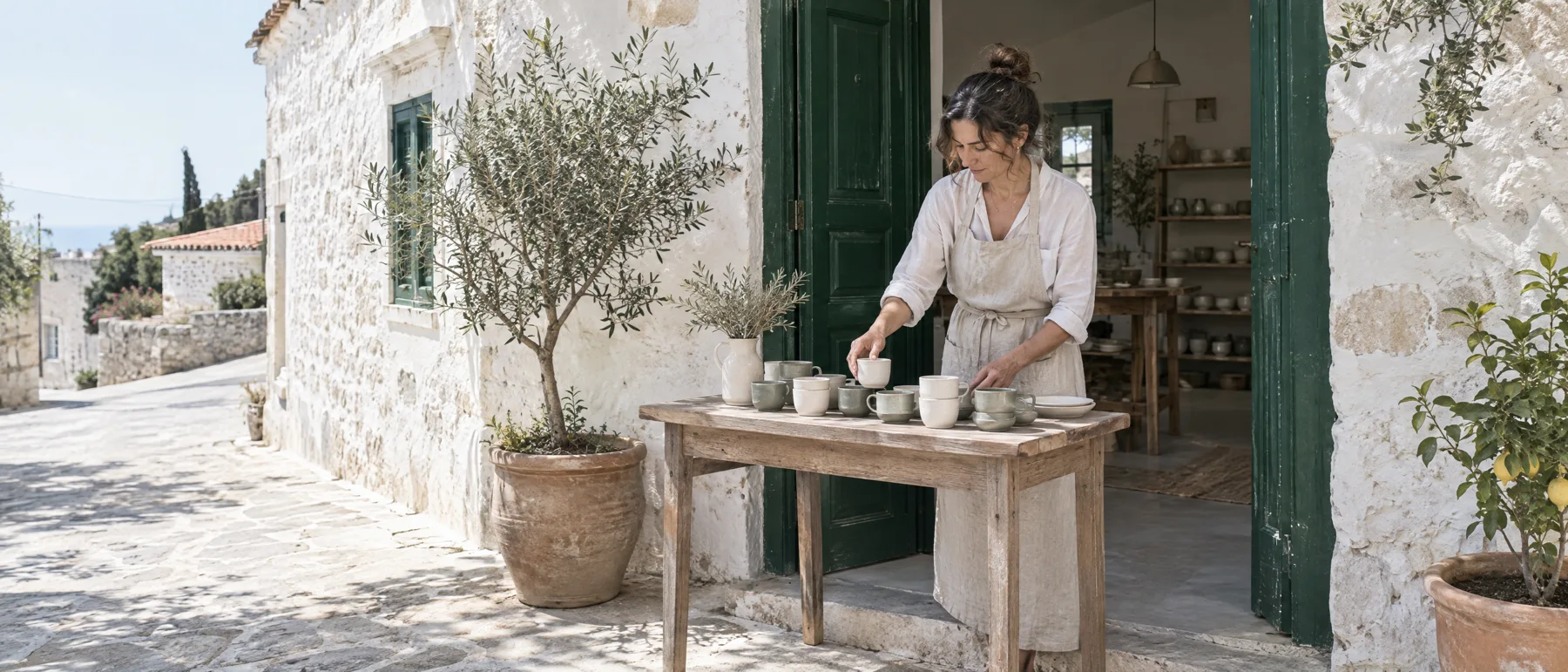 Owner of a small ceramics studio in Cyprus standing at her green door